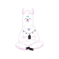 Lama yoga meditating in lotus pose on white background, cartoon style, print for your design, tshirt, notebook