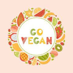 Go vegan. Banner in cartoon style. A frame of fresh tropical exotic fruits, harvesting. Fresh lemon, lime wedges, watermelon, pitahaya dragon, star fruit, papaya, mango and kiwi