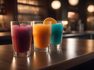 The glasses of Juices on the bar table. Generative AI