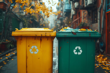 Park's Green and yellow Garbage recycling Bins