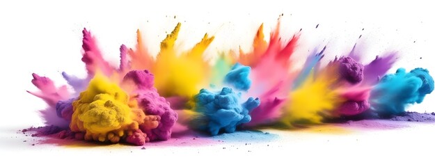 Multicolored explosion of rainbow holi powder paint isolated on white background.