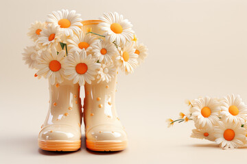 A wallpaper featuring daisies in rubber boots in pastel tones, generative AI