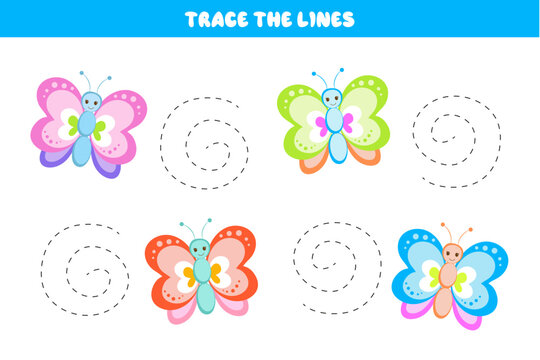 Handwriting practice with butterflies. Tracing lines for children. Educational game for preschoolers. Activity page. Educational cards for children.