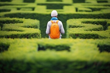 solitary figure contemplating next move in a hedge maze junction