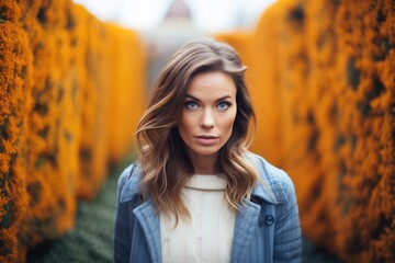 woman standing at a hedge maze entrance with a puzzled look - obrazy, fototapety, plakaty