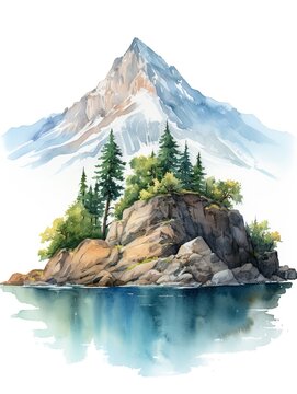 Mountain Wildlife Watercolors Island Artwork: Majestic Animals of the Isolated Mountain Island in Vibrant Watercolors