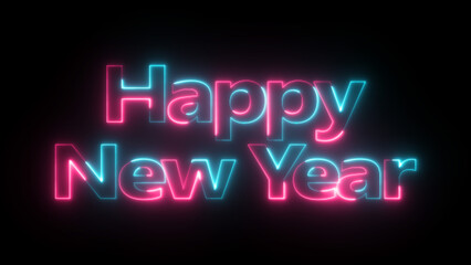Glowing neon text ''Happy New Year'' on black background. ''Happy New Year'' neon light calligraphic banner. Neon color text ''Happy New Year'' signboard