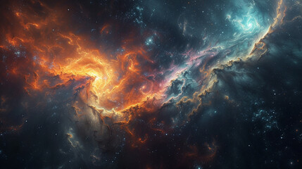 Nebulae and galaxies merging in a cosmic collision, giving birth to a celestial abstract masterpiece.