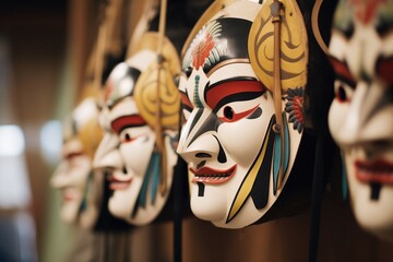 closeup of elaborate kabuki masks backstage - obrazy, fototapety, plakaty