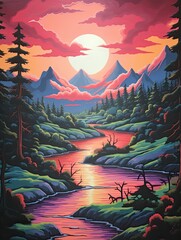 Nostalgic 90s Pop Culture Dawn: Vibrant Sunrise Colors Painting