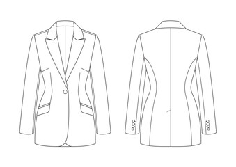 Vector fashion technical drawing of a cinched blazer with front and back view. Peak lapel. One button. Slanted pockets. Single vent. Woven fabric.