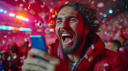 Positive, happy, emotional businessman holding mobile phone and celebrating money win. Sports betting. generative ai - obrazy, fototapety, plakaty