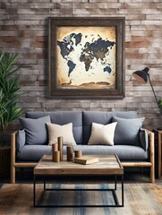 Old World Map Designs Beach Scene Painting: Coastal Art Print with Mapped Islands