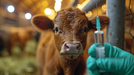 Veterinarian holds a syringe with vaccine on the background of a dairy cow in a cow barn ,generative ai - obrazy, fototapety, plakaty