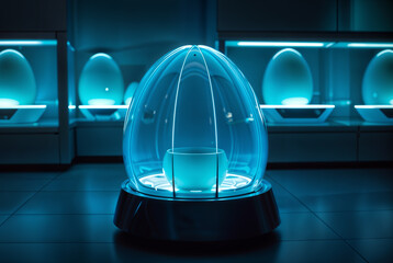 transparent egg-shaped capsule in a futuristic interior