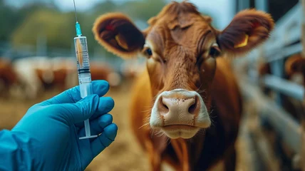 Fotobehang Veterinarian holds a syringe with vaccine on the background of a dairy cow in a cow barn ,generative ai © LomaPari2021