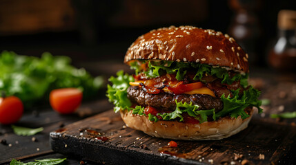 Appetizing burger with fresh lettuce cheese