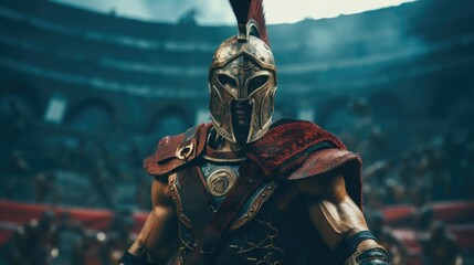 Portrait of gladiator warrior in the arena, ready to fight - obrazy, fototapety, plakaty
