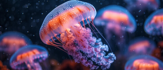 Vibrant aquatic sea jelly with glowing tentacles, generative ai - obrazy, fototapety, plakaty