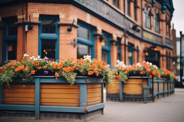Fototapeta na wymiar classic red brick pub exterior with flower boxes