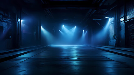 A dark empty street, dark blue background, an empty dark scene, neon light, spotlights The asphalt floor and studio room with smoke float up the interior texture. night view 