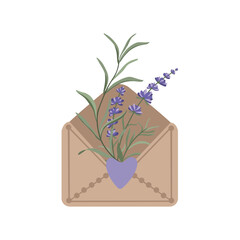Vintage open light brown envelope with hand drawn lavender flowers. Thank you card. Vector illustration in flat style