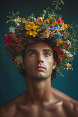 Man with flowers on his head. A mesmerizing portrait of a man adorned with a vibrant bouquet, embodying the beauty of nature and the complexity of human expression