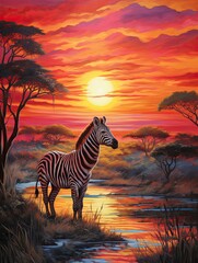 Fototapeta na wymiar Vibrant African Safari Animals Dawn Painting: Sunrise over Savannah