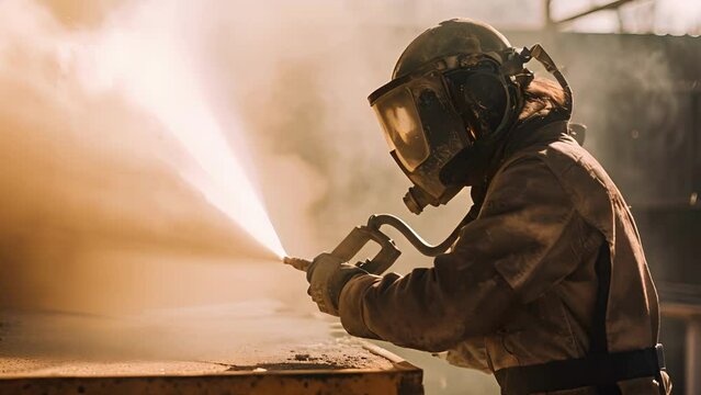 A side profile of the sandblaster, their hand gripping the sandblasting nozzle as they aim it at a surface.