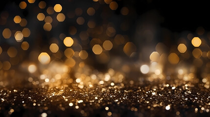 Abstract festive dark background with gold glitter and bokeh. New year, birthday, holidays celebration.