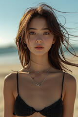 Happy asian woman posing on the beach on a sunny day. generative ai