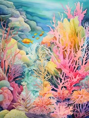 Fototapeta na wymiar Vibrant Coral and Fish Scenes: A Dazzling Watercolor Ocean Landscape