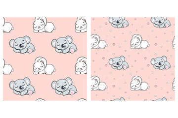 sleeping rabbit with a koala on a pink background with hearts for girls seamless endless pattern vector illustration