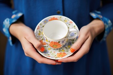 Fototapeta na wymiar hands holding a fine china cup and saucer with a floral pattern