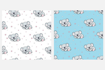 sleeping koala on white and blue background with hearts for girls and boys seamless endless pattern vector illustration