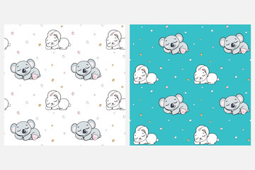 sleeping rabbit koala on white blue background with stars for girls and boy seamless endless pattern vector illustration