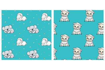 sleeping rabbit koala sheep lamb on turquoise background for boys with stars seamless endless pattern vector illustration