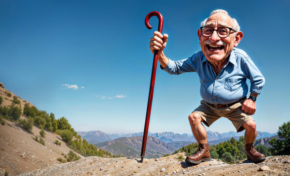 Mountain Stroll: Caricature of an Old Man and His Walking Stick.