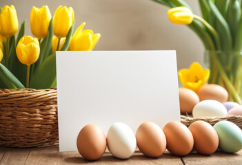 Easter postcard eggs and tulips on wooden surface: Colorful Easter eggs and vibrant tulips on a wooden surface, perfect for springtime messages and seasonal decoration