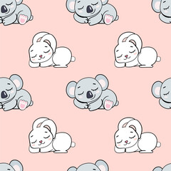 sleeping rabbit koala on pink background for girls seamless endless pattern vector illustration