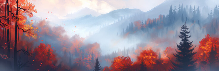 Autumn Whisper: Misty Forest Canopy with Warm Fall Colors Ideal for Seasonal Themes and Atmospheric Art - obrazy, fototapety, plakaty