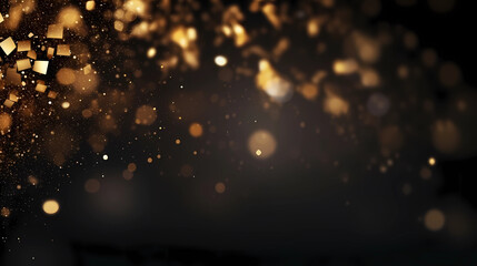 Abstract festive dark background with gold glitter and bokeh. New year, birthday, holidays celebration.