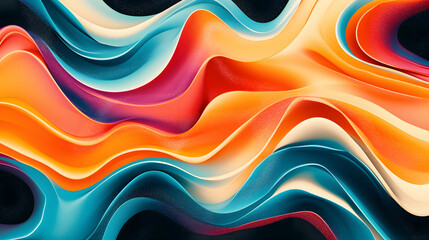 Vibrant rainbow, orange blue teal white psychedelic grainy gradient color flow wave on black background, music cover dance party poster design, Retro Colors from the 1970s 1980s, 70s, 80s, 90s style