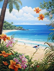 Fototapeta na wymiar Vibrant Tropical Birds Beach Scene Painting: A Spectacle of Shorebirds.