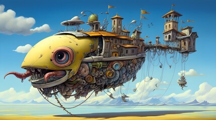 A painting of a steampunk airship with a castle on the top.
 - obrazy, fototapety, plakaty