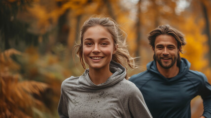 Portrait of a young couple running and exercising in a park outdoors. generative ai