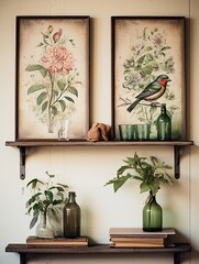 Victorian Botanical and Bird Combinations Rustic Wall Decor: Vintage Bird Designs