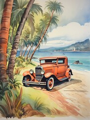 Vintage Hot Rod Sketches on Coast: Beach Scene Painting featuring Our Classic Hot Rods