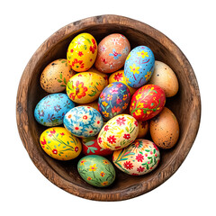 Fototapeta na wymiar colorful painted easter eggs in a brown wooden bowl, top view, isolated on a transparent background