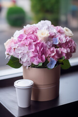 Delivery of flowers and coffee. International Women's Day, Mother's Day